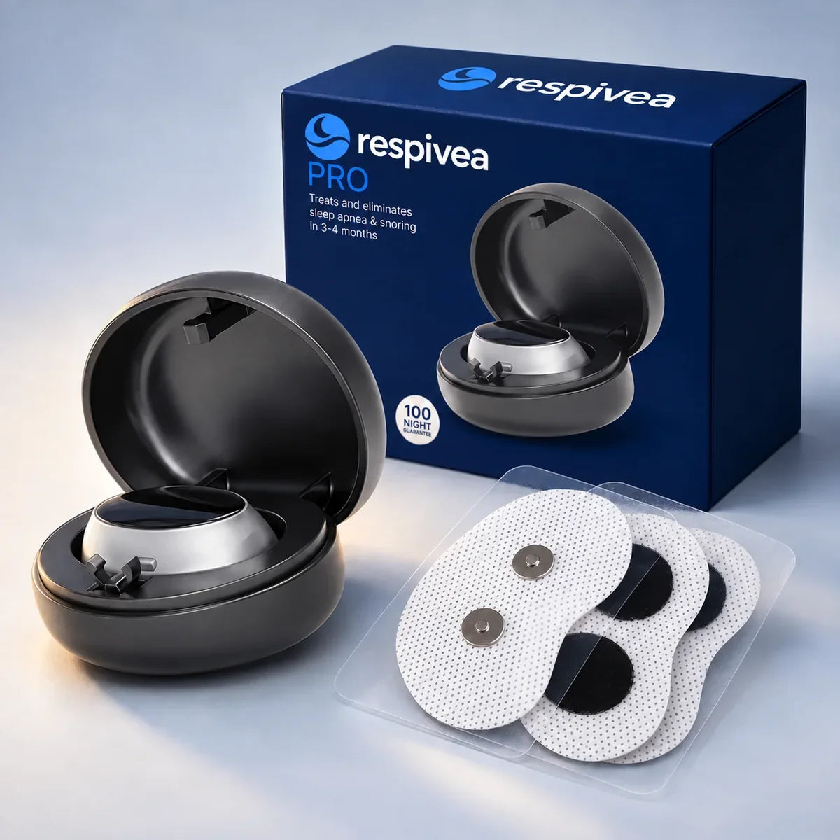 The Respivea box, the device in its charging case and the adhesive patches